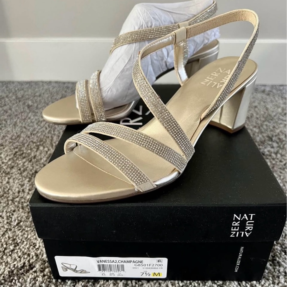 Naturalizer Gold Sandals Metallic Block Heel